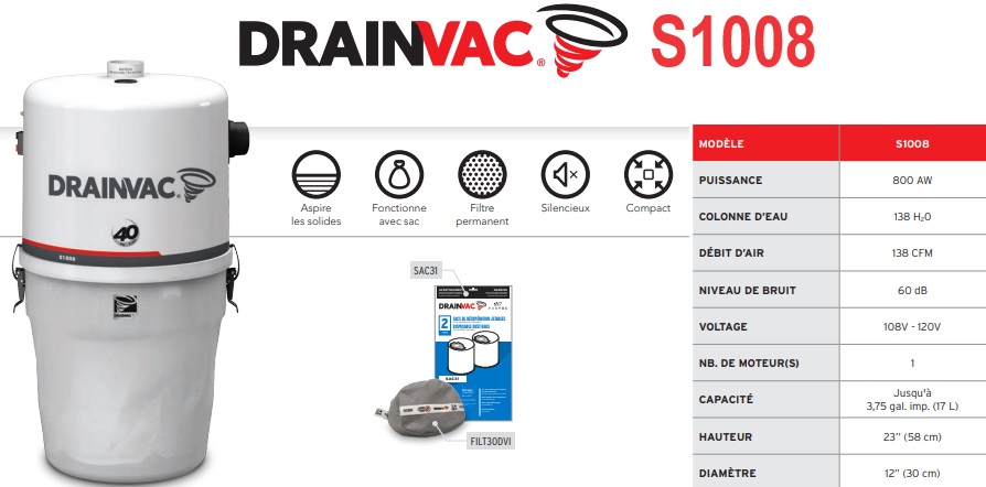 aspirateur central Drainvac S1008